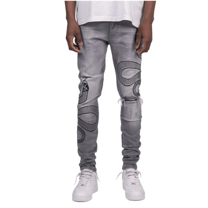Men'S Personalized Embroidered Jeans Casual Elastic Small Feet Slim Fit Men'S Trousers