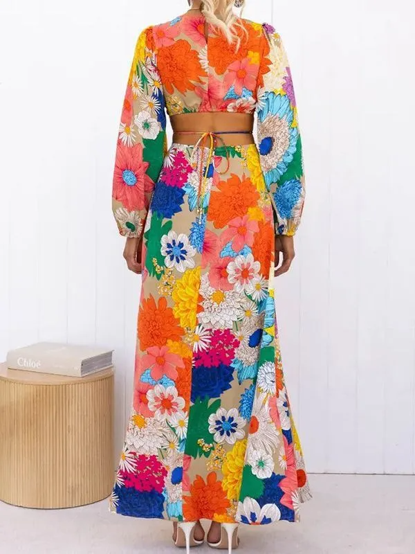 Women Ramadan /Eid Fashion Casual Floral Print Lace-Up Long Sleeve Maxi Dress