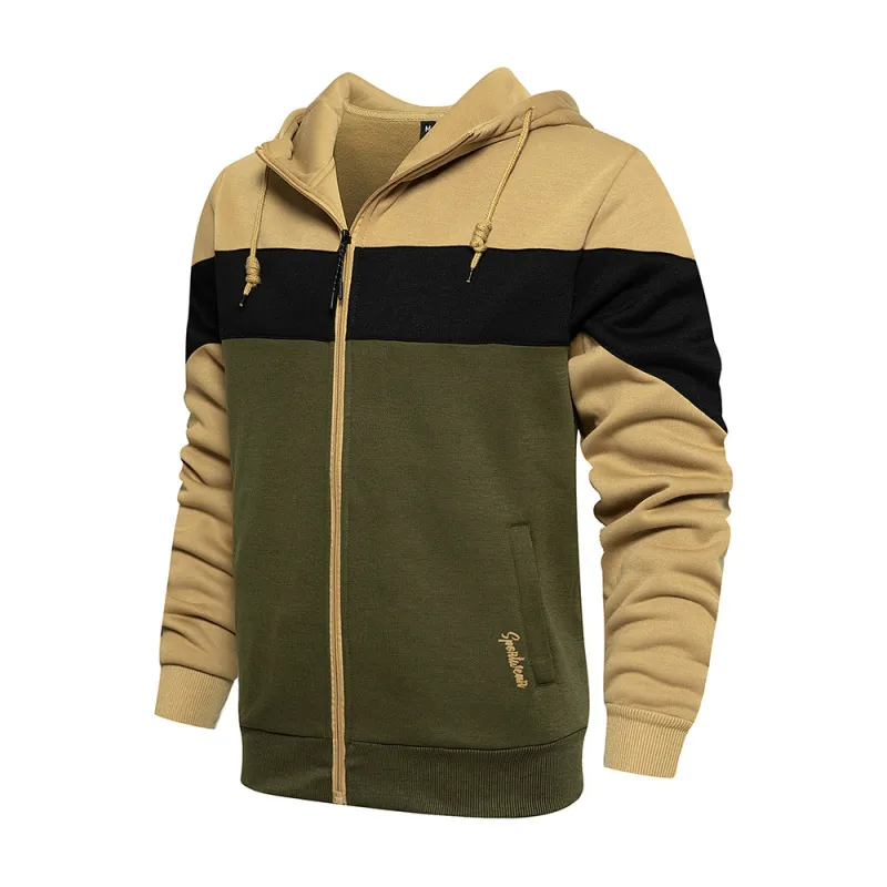 Men Fashion Patchwork Contrast Color Hooded Long Sleeve Loose Jacket