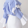 Women Fashion Simple Stripe Ruffled Long Sleeve Shirt