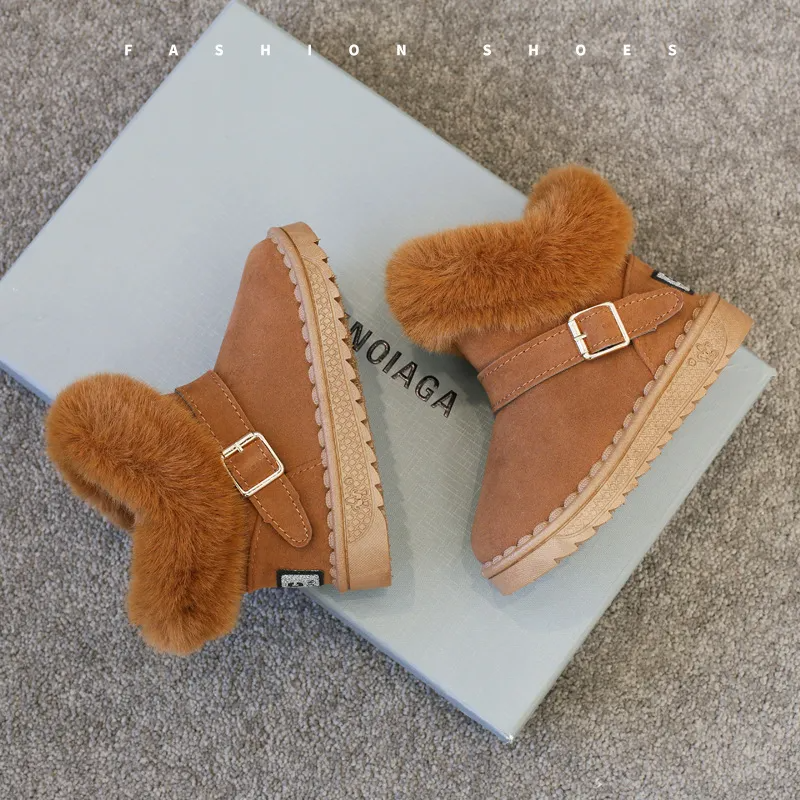Kids Boys Girls Autumn Winter Fashion Casual Solid Color Metal Buckle Round-Toe Flats Slip On Platform Shoes Snow Short Boots