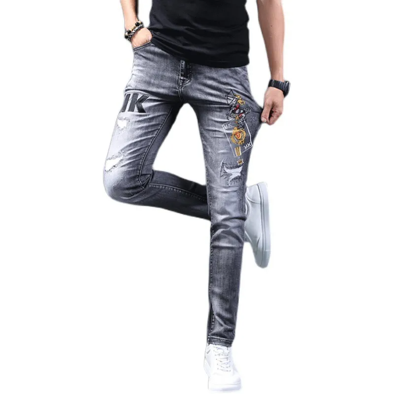 Men Retro Ripped Slim Fit Stretch Embroidered Skinny Jeans