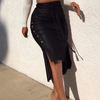 Women Simple Solid Color Slit Slim Tie Mid-Length Pu Skirt