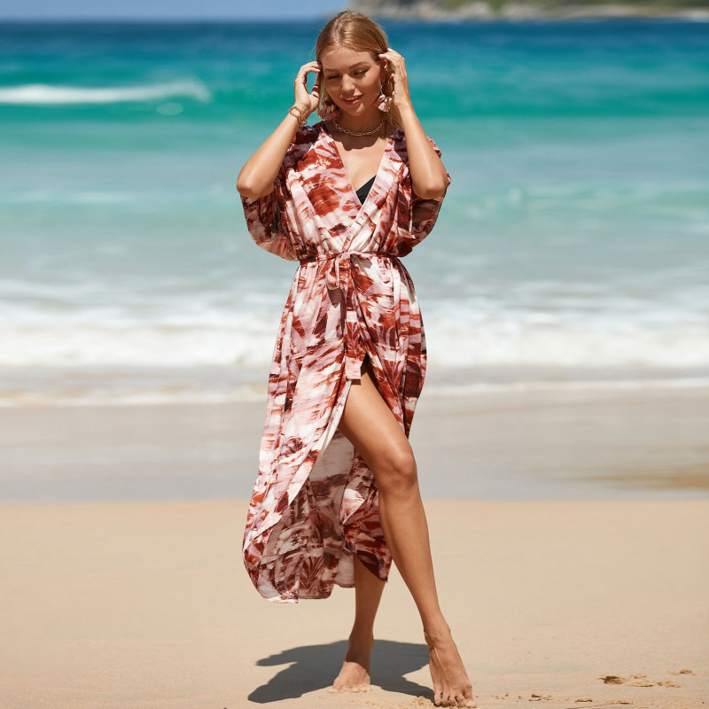 Women'S Sexy Leaves Print V Neck Batwing Sleeves Beach Vacation Loose Waist Tie Cardigan Dress