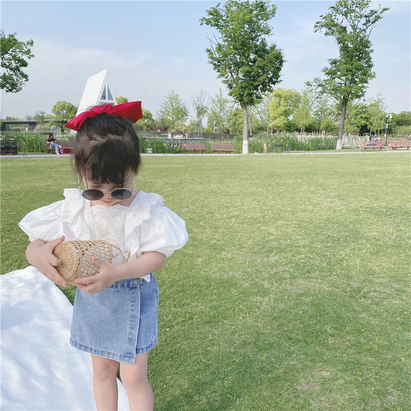 Girls Fashion Solid Color Embroidery Hollow Out Design Blouses