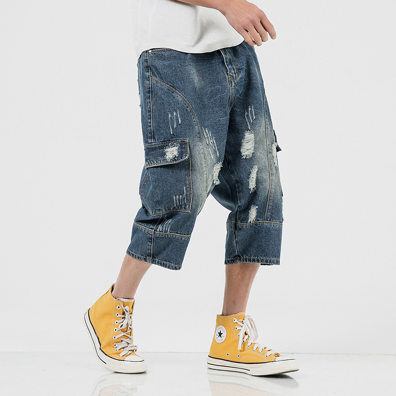 Men Retro Low Rise Straight Ripped Loose Denim Cropped Pants