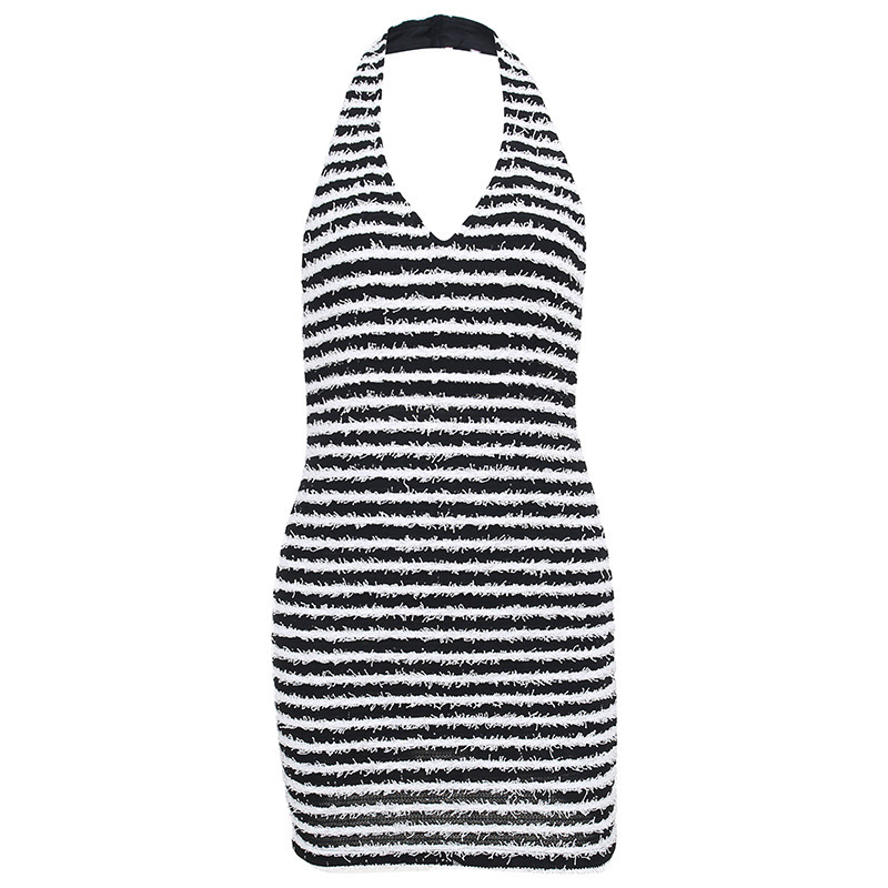 Fashion Sexy Vacation Black White Stripe Halter Neck Mini Dress