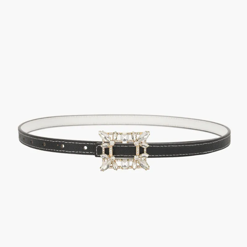 Women'S Fashion Casual Personality Rhinestone Alloy Smooth Buckle Genuine Leather Thin Belt
