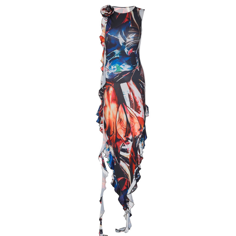 Women'S Fashion Personality Abstract Printing Round Neck Sleeveless Ruffled Irregular Dress