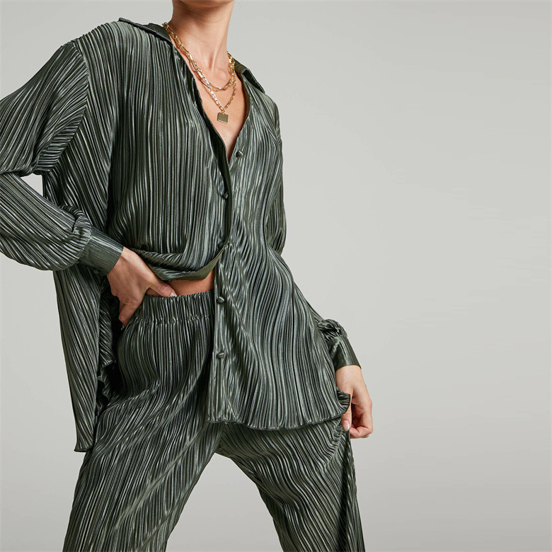 Summer Vacation Fashion Women Elegant Pleated Long-Sleeved V-Neck Shirt Casual Pants Two-Piece Set