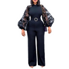 Women Solid Color Lace Mesh Stitching Long-Sleeved Waist Wide-Leg Jumpsuit