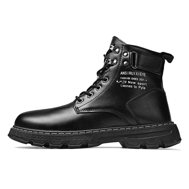 Men Classic Round Toe Lace-Up Letter Printed Solid Color PU Combat Ankle Boots