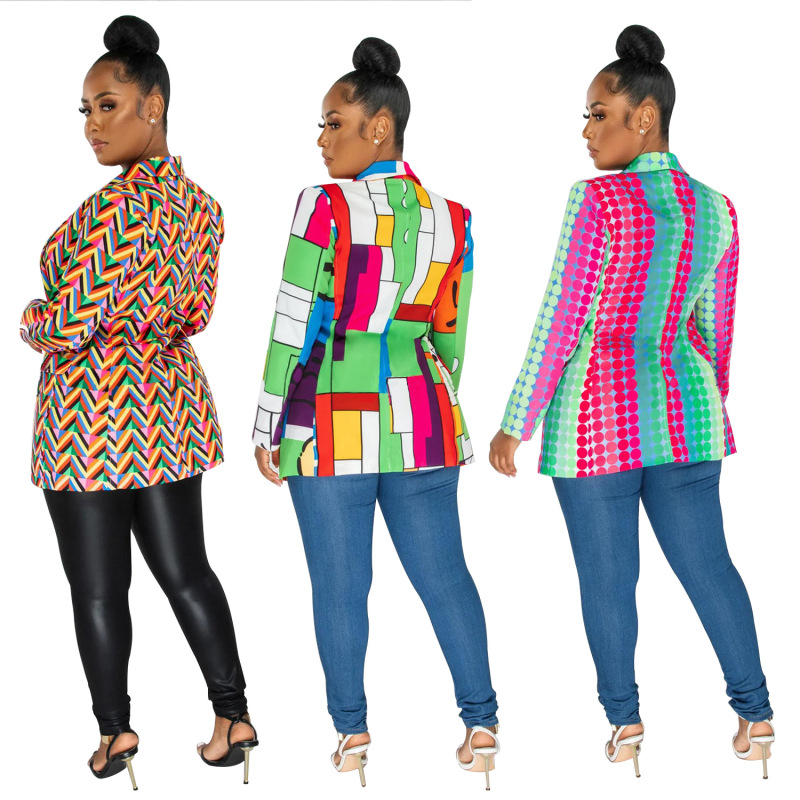 Women Fashion Printing Lapel V-Neck Long-Sleeved Blazer