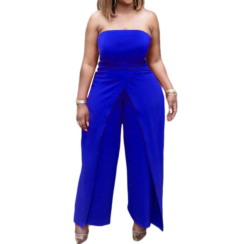Women Solid Color Tube Top Slit Fashion Casual Wide Leg Jumpsuit