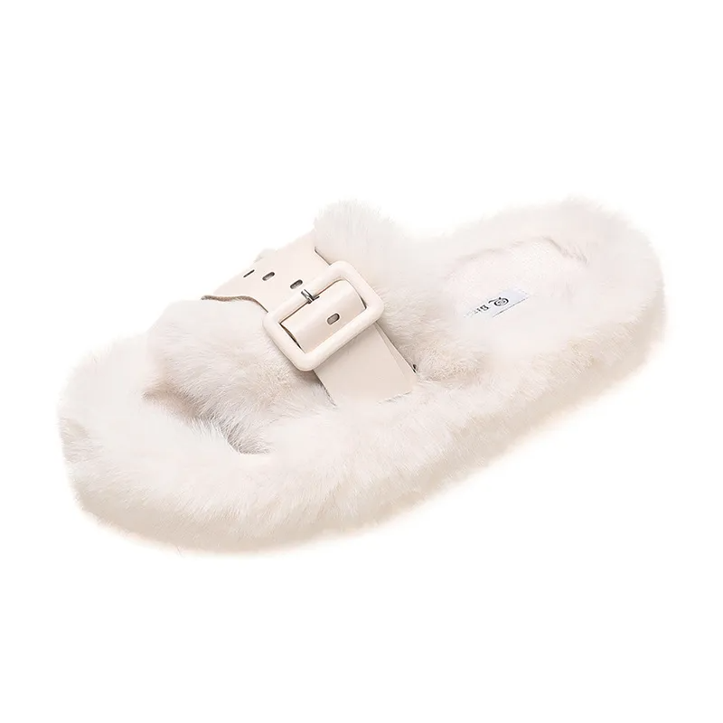 Autumn Winter Women Fashion Solid Color Plush Belt Buckle Round Toe Flat Home Slippers
