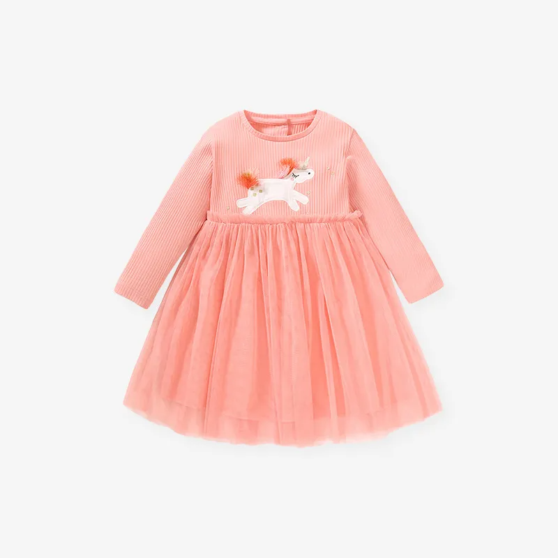 Kids Toddler Big Girls Summer Fashion Casual Sweet Cotton Solid Color Cartoon Pony Round Neck Long Sleeve Mesh Dress