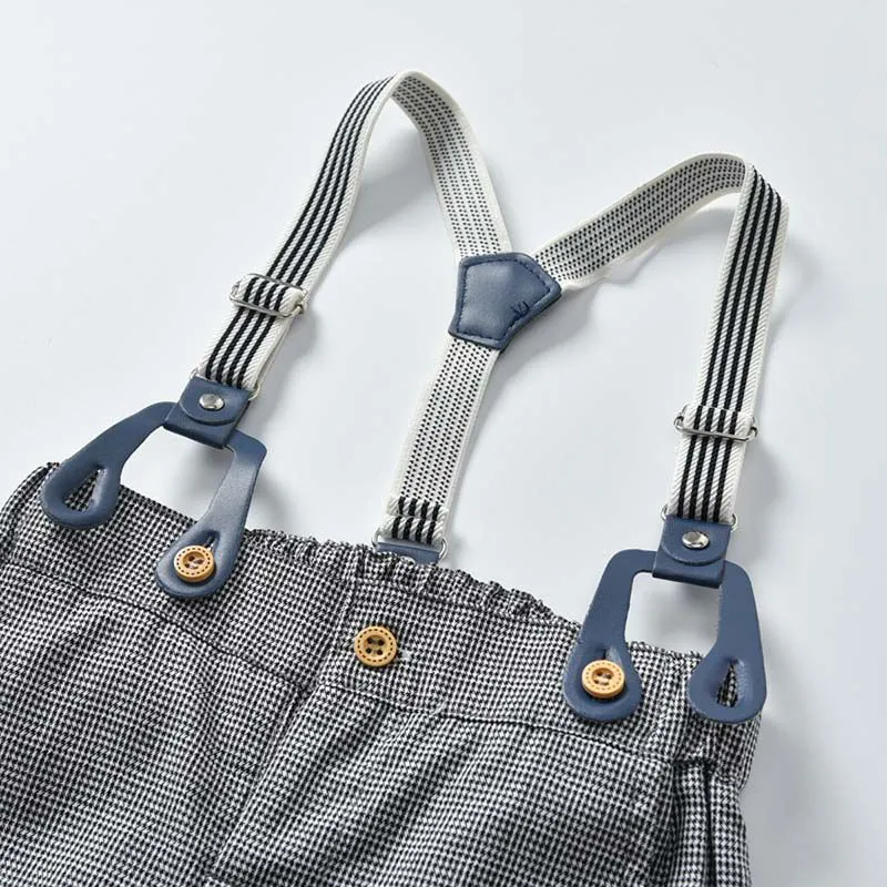 Boys Little Gentlemen Cotton Solid Color Long Sleeves Shirts And Gray Pants With Suspender Set