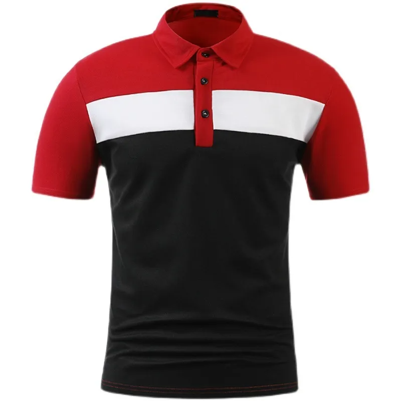 Men Business Casual Stitching Color Block Short Sleeved Lapel Polo Shirt