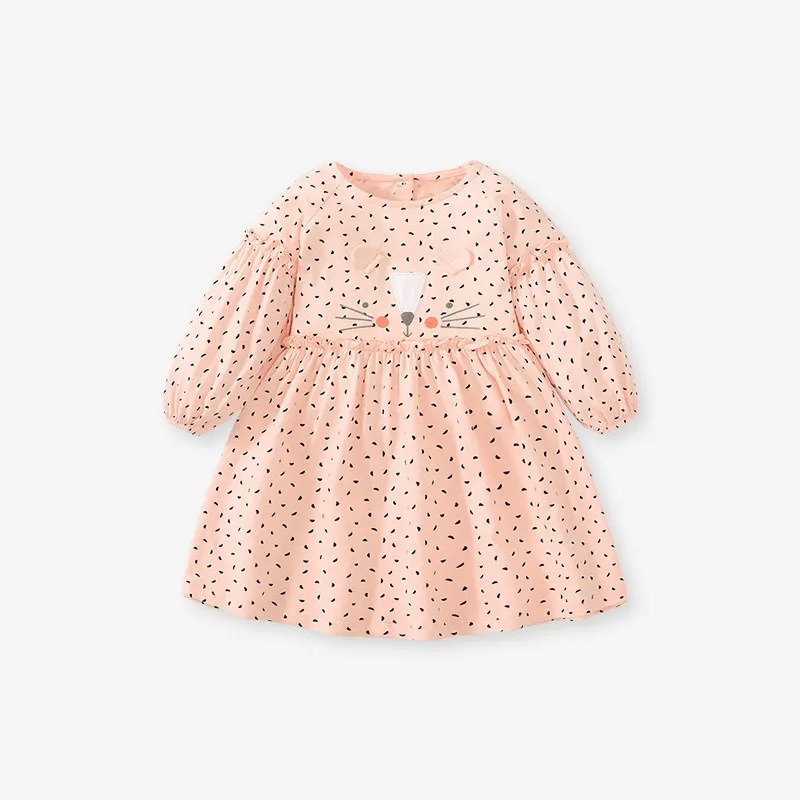 Kids Toddler Big Girls Summer Fashion Casual Sweet Cotton Solid Color Tiny Flower Round Neck Long Sleeve Dress
