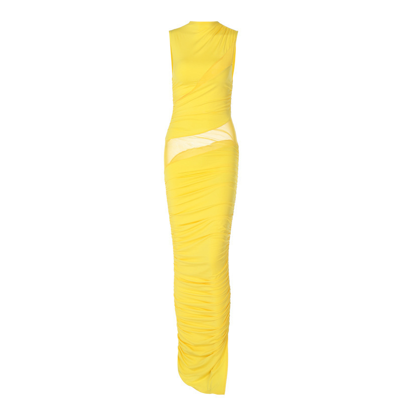 Women Fashion Sexy Mesh Creased Sleeveless Maxi Dress