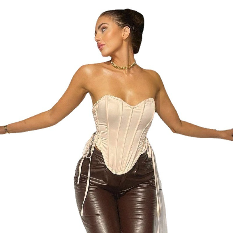 Women Fashion Sexy Solid Color Triangle Hem Side Lace-Up Bandage Corset Tube Top