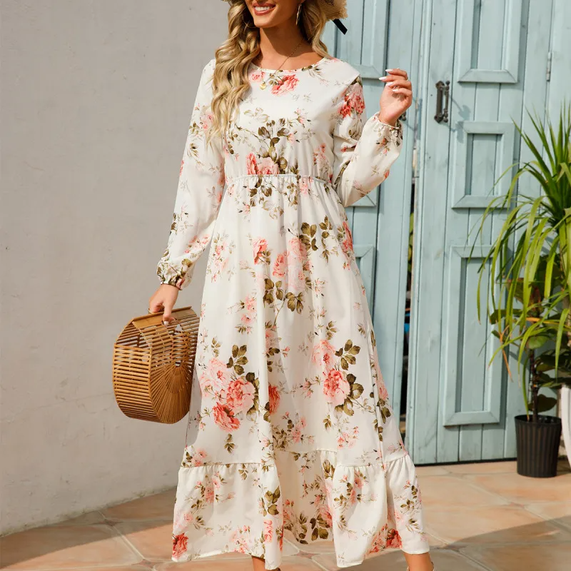Women Ramadan /Eid Fashion Floral Chiffon Long Sleeve Maxi Dress