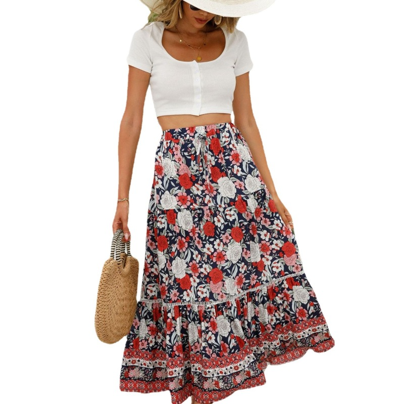 Women Fashion Summer Vacation Floral Print Swing Skirt