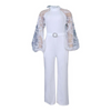 Women Solid Color Lace Mesh Stitching Long-Sleeved Waist Wide-Leg Jumpsuit