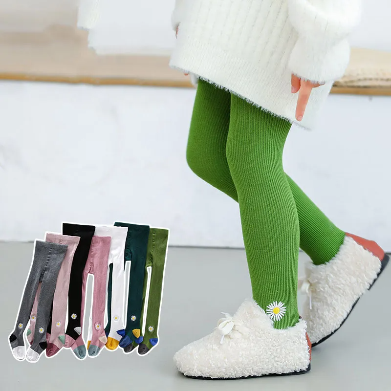 Girl Fashion Daisy Embroidery Knitted Pantyhose