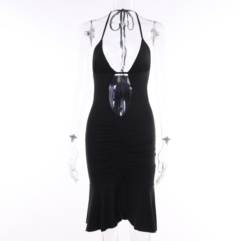 Women Fashion Sexy Solid Color Halter Neck Cut Out Ruffled Dress