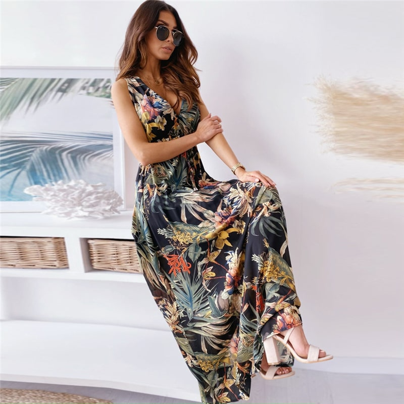 Women Fashion Flower Printing V Neck Dress
