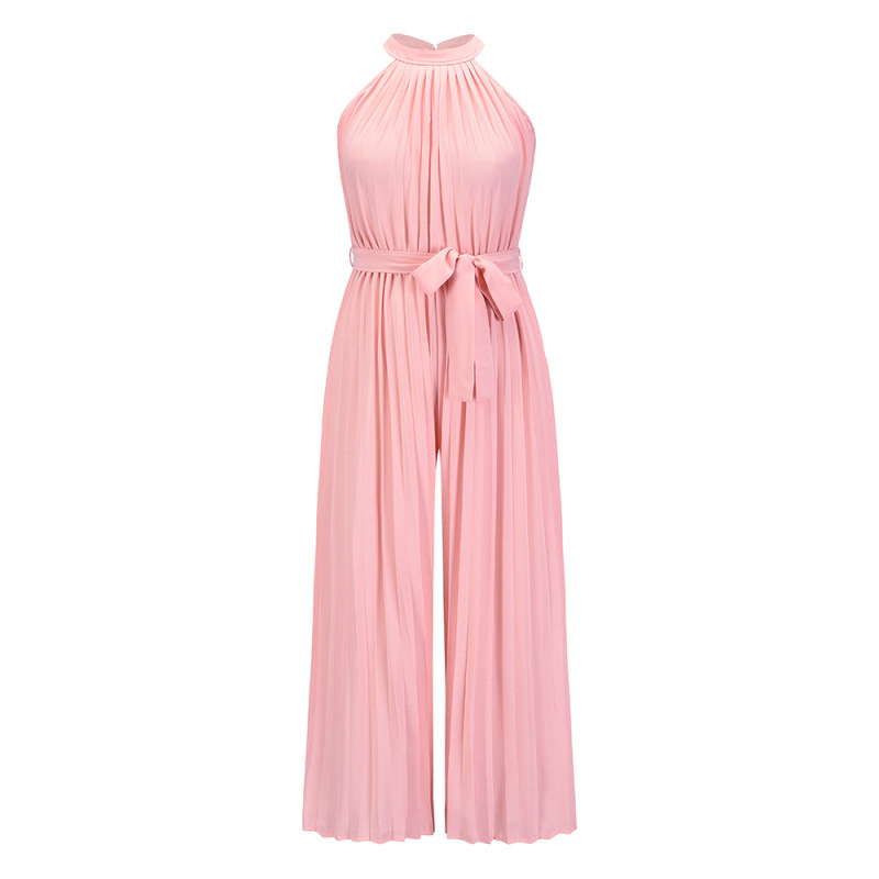 Women Solid Color Halter Neck Pleated Waist Fashion Wide Leg Jumpsuit
