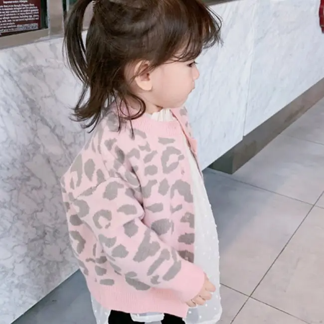 Girls Casual Leopard Single-Breasted Knit Coat