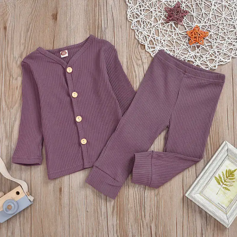 Baby Rib-Knit Long Sleeve Sleepwear Tops Pants Set