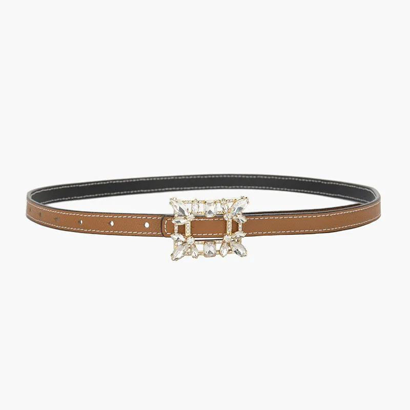 Women'S Fashion Casual Personality Rhinestone Alloy Smooth Buckle Genuine Leather Thin Belt