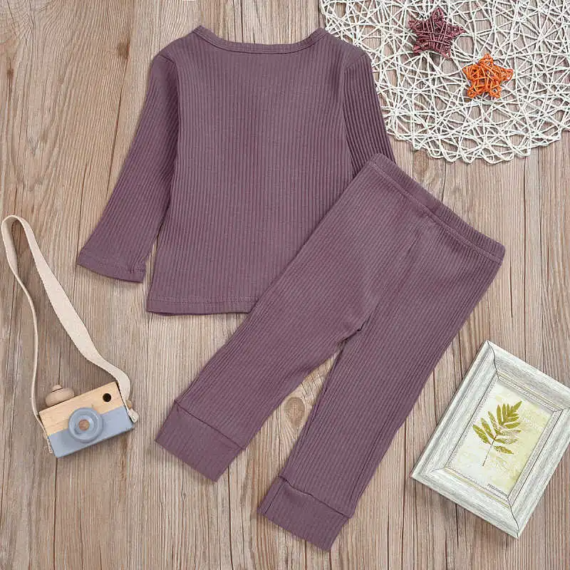 Baby Rib-Knit Long Sleeve Sleepwear Tops Pants Set