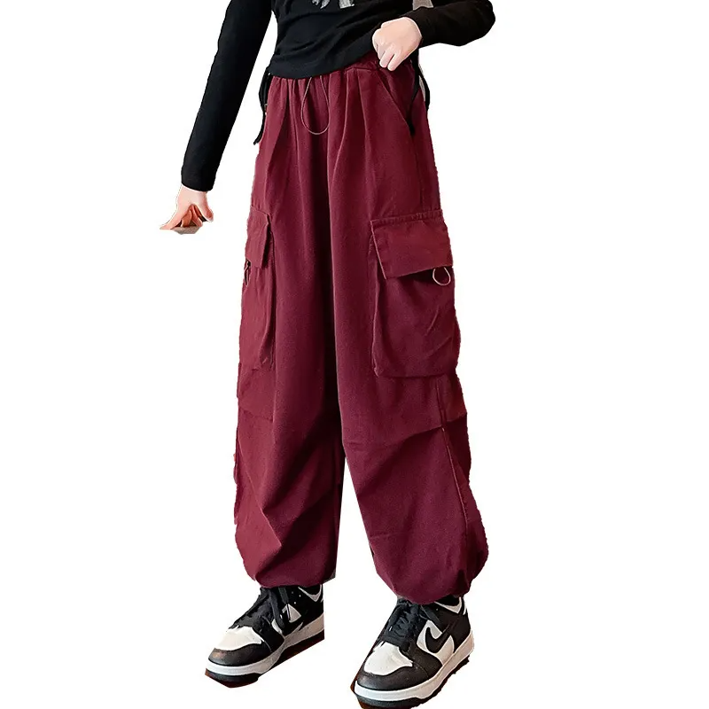 Kids Teen Girl Casual Solid Color Multi-Pocket Cargo Pants