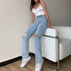 Women High Waist Mom Ripped Jeans Straight Denim Pants