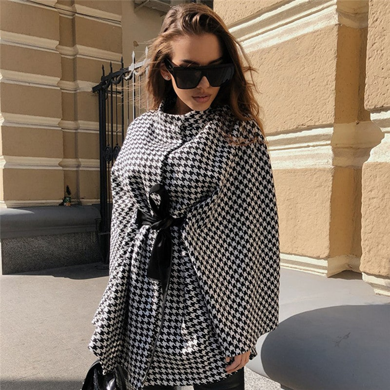 Women Creative Houndstooth Print Knotted Cloak Loose Coat