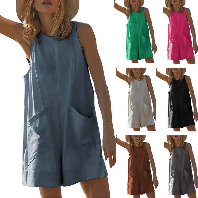 Summer Vacation Women Loose Sleeveless Pocket Rompers