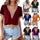 Women Elegant Short Sleeves Color Blocking Patchwork V Neck Blouse