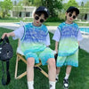 Kids Big Boys Summer Fashion Casual Letter Gradient Round Neck Top Fake Two-Piece Shorts Set