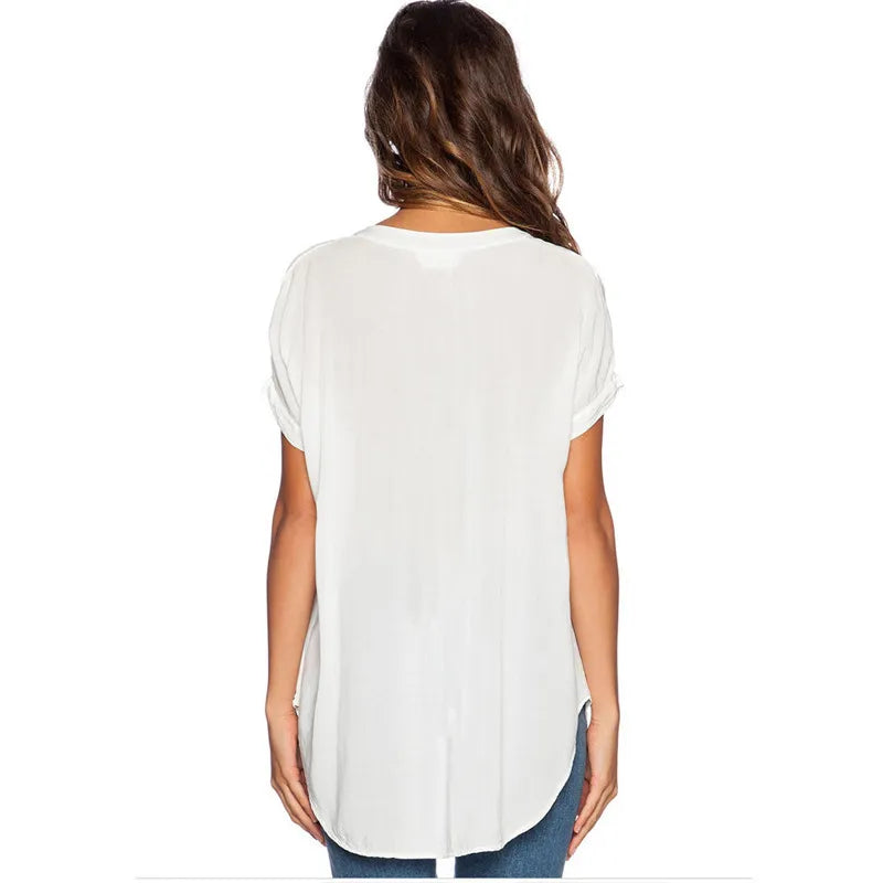 Office Chic Fashion Casual Women Short Sleeve Solid V Neck Loose Blouse
