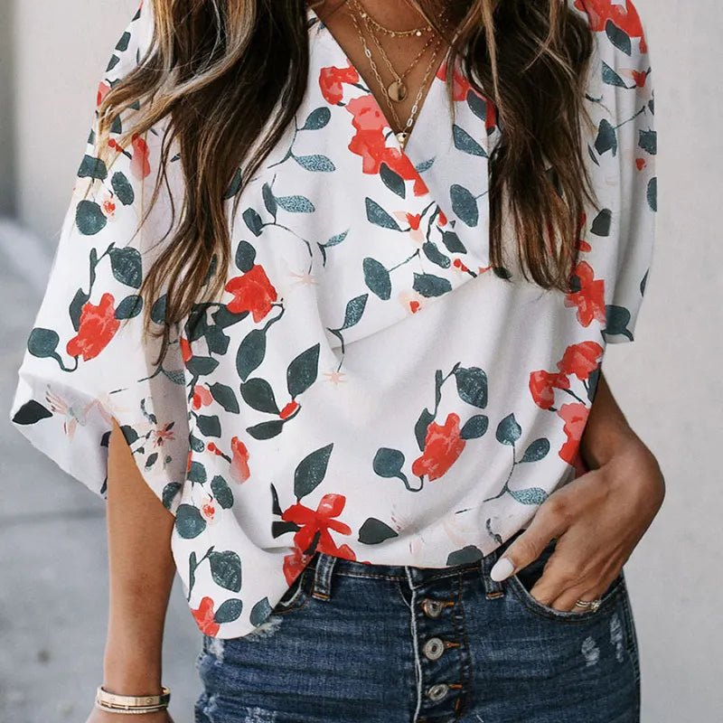 Women Fashion Floral Printing Loose Half Sleeve Pullover Blouses