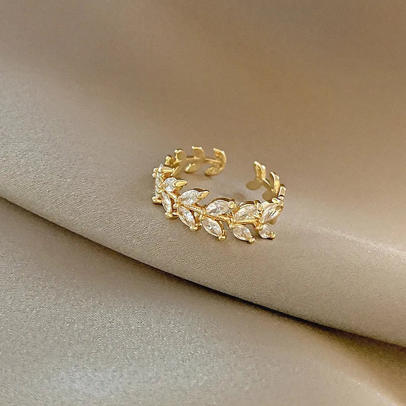 3pcs Women Fashion Simple Leaves Rhinestone Opening Adjustable Ring