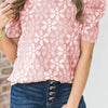 Women Fashion Elegant Lace Floral Round Neck Puff Short Sleeve Blouses