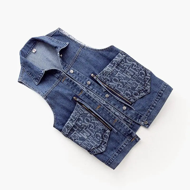Women Fashion Alphabet Print Lapel Denim Vest