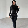 Women Fashion Solid Color Pleated Long Sleeve Bodycon Dress