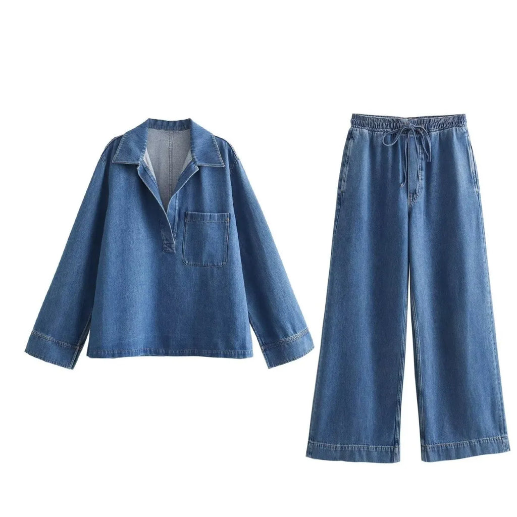 Women Fashion Casual V-Neck Lapel Long Sleeve Denim Top Wide Leg Pants Two-Piece Set