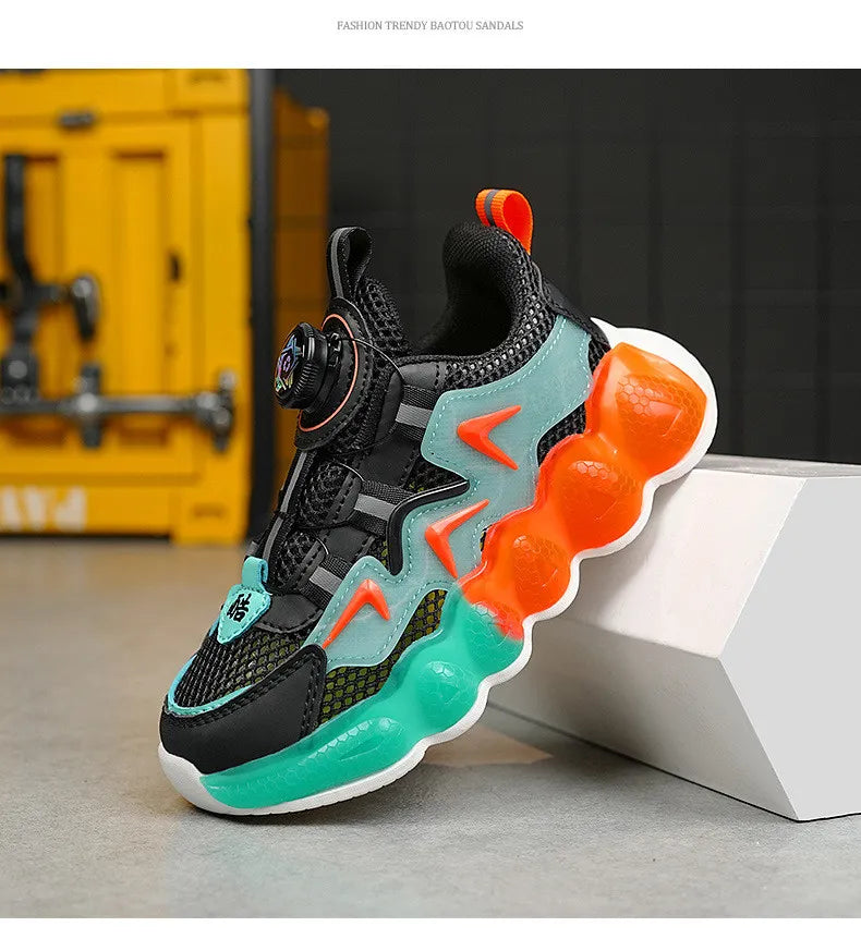 Kids Boys Fashion Casual Mesh Breathable Color Matching Rotating Button High Top Sneakers